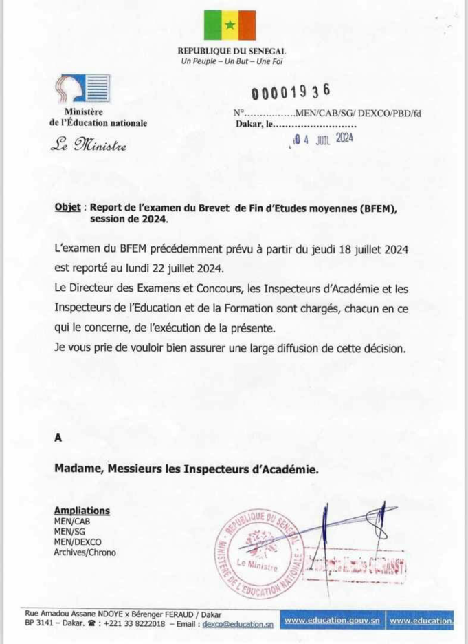 BFEM 2024 reporté : Le ministre de l’Éducation nationale annonce une nouvelle date