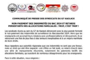 Non-paiement des indemnités du Bac 2024 et retards persistants des allocations familiales : Les syndicats du G7 Kaolack menacent de durcir la lutte syndicale…