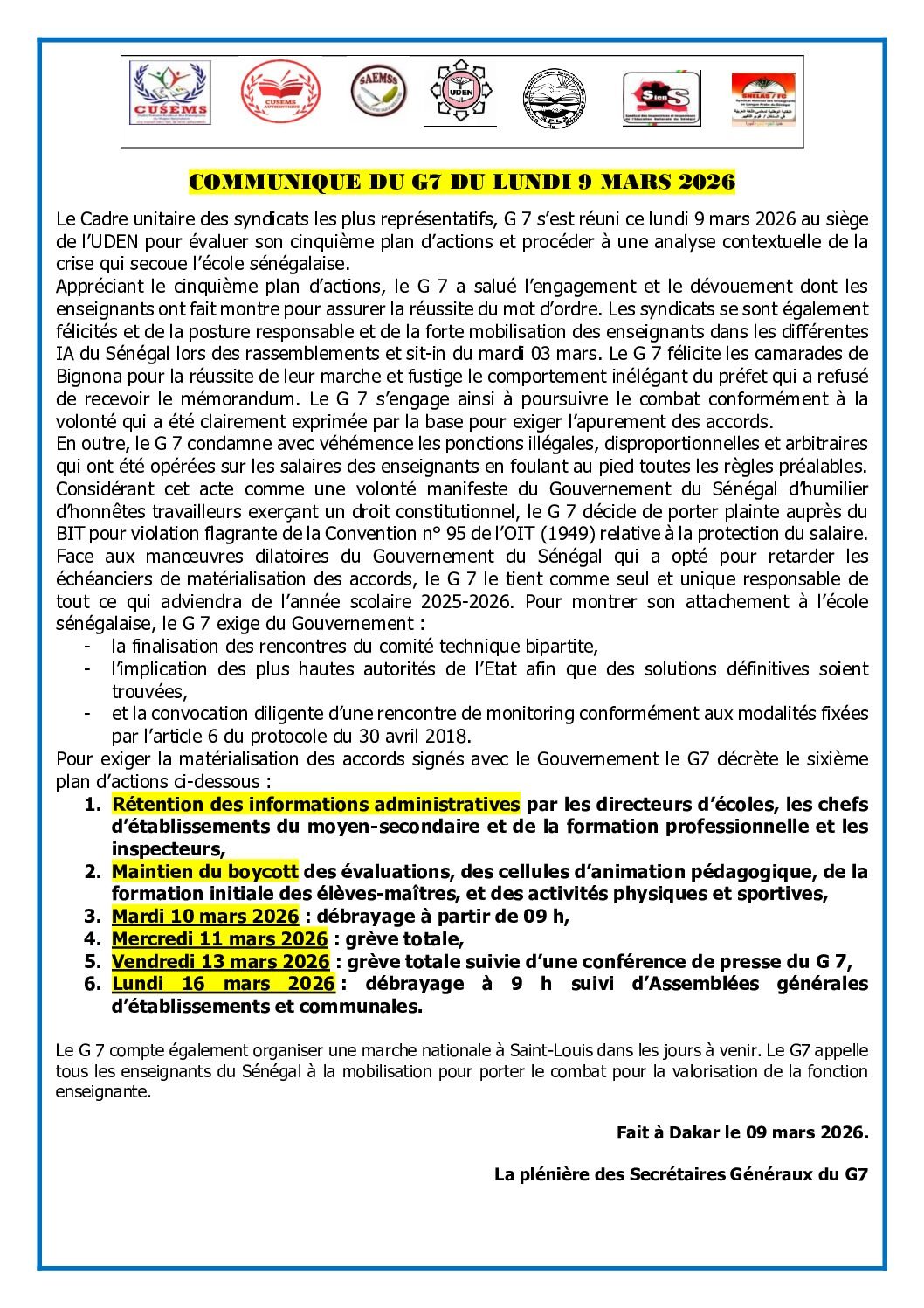 Perturbations encore dans le système éducatif : le G7 entame sa 6e plan d’action.