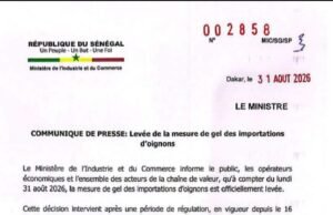 COMMUNIQUE DE PRESSE: Levée de la mesure de gel des importations d’oignons