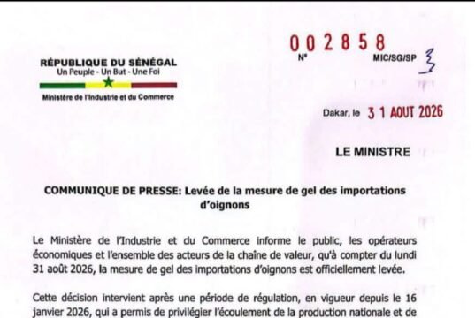 COMMUNIQUE DE PRESSE: Levée de la mesure de gel des importations d’oignons